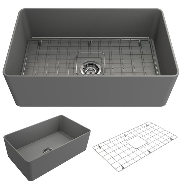 Bocchi Aderci Ultra-Slim Farmhouse Apron Front Fireclay 30 in. Single Bowl Kitchen Sink in Matte Gray 1481-006-0120